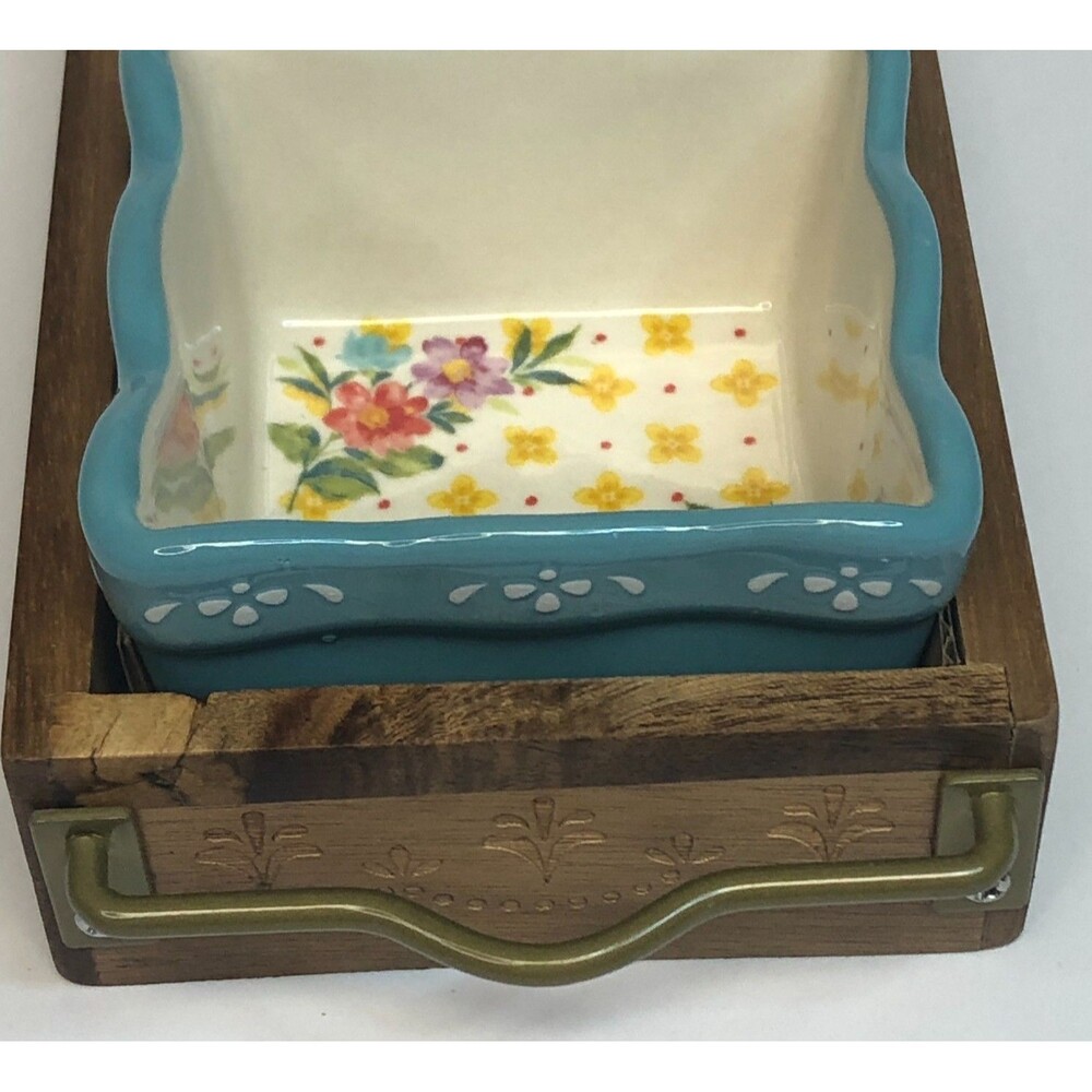 Pioneer Woman Blooming Bouquet Condiment Dish Set Mini Dip Square Bowl Wood Tray - Picture 4 of 11